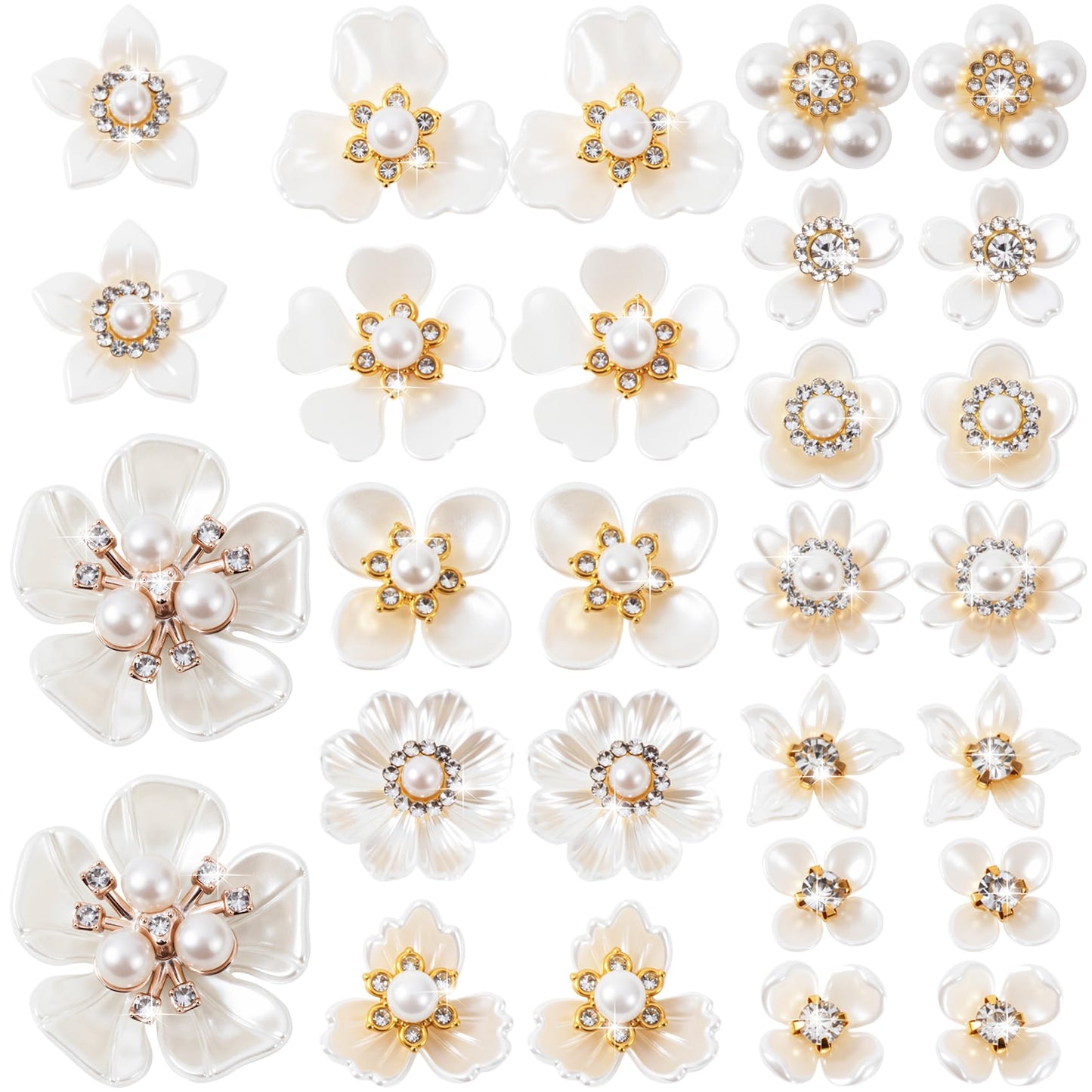 Hzopcw 28pcs Flower Pearl Rhinestone Buttons, Sparkly Rhinestone Sequins Buttons, Faux Pearl Embellishments Accessories for Wedding Party- White