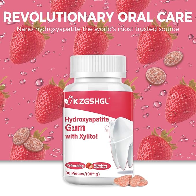 Hydroxyapatite Gum, 90 Pieces, Good for Teeth Remineralization, Sugar-Free Strawberry Chewing Gum with Xylitol, Two pills after meals to freshen breath and clean teeth