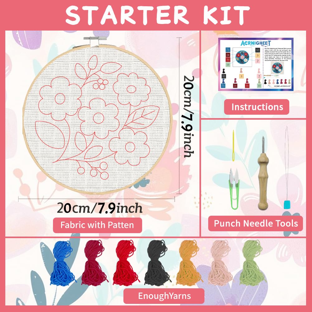 ACRNIGHEET Punch Needle Kits for Adults Beginners Include Instructions, Flowers Easy Punch Needle Embroidery Kit, Pre-Printed Pattern, Embroidery Hoop, Yarns, Needles, DIY Crafts Christmas Gifts Idea