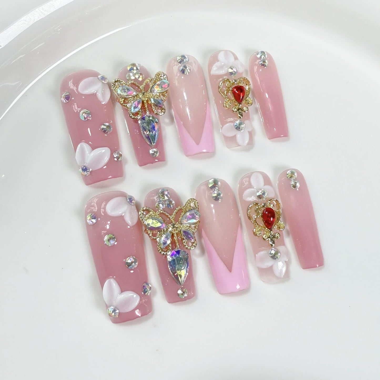Handmade Press on Nails Long Coffin Fake Nails with 3D Butterfly Rhinestones Designs False Nail Pink Sparkly Acrylic Nails French Tip for Women 10pcs (Size M）