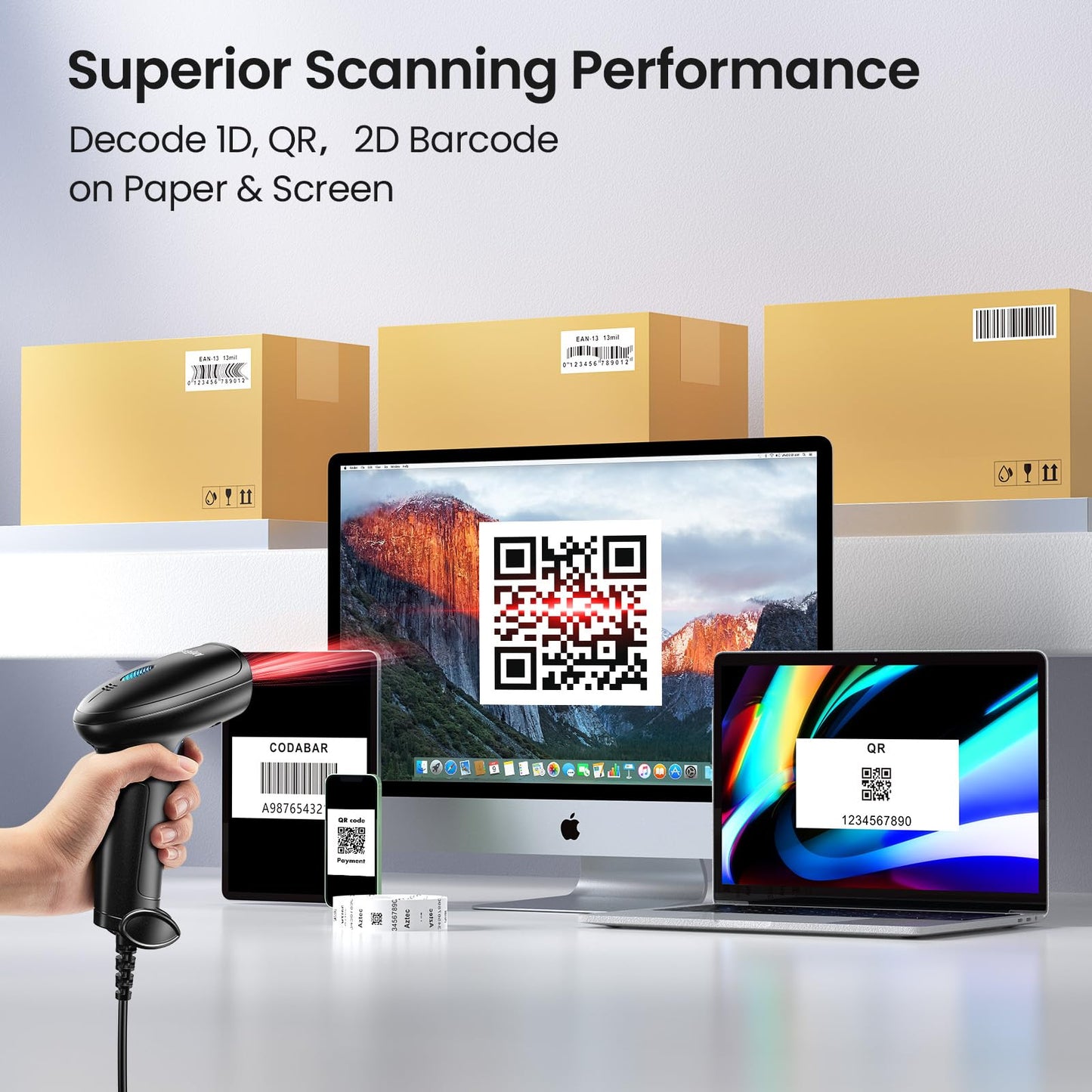 2D 1D Barcode Scanner : USB Wired Inventory QR Scanner with Stand for Computer POS MAC with Automatic Scanning, Handheld CMOS Image Bar Code Reader for Warehouse Library Supermarket