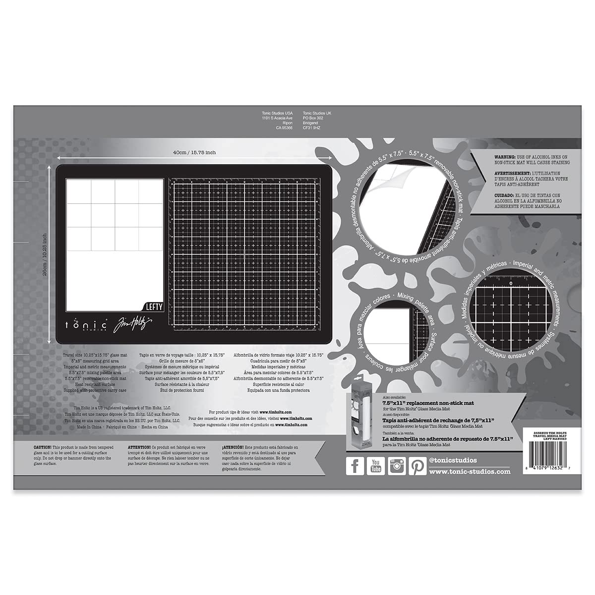 Tim Holtz Travel Glass Cutting Mat - Left Handed Portable Work Surface with 8x8 Measuring Grid and Palette for Mixed Media - Art Supplies with Carry Case