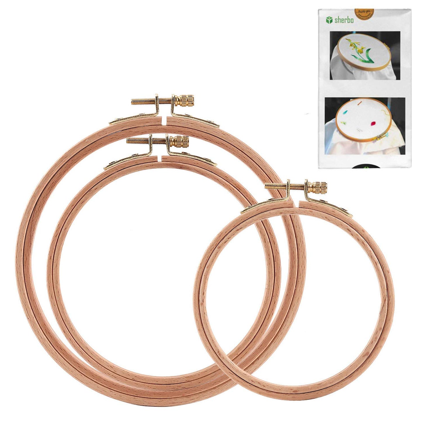 Sherbo 3 Pieces Beech Wood Embroidery Hoops Set By 7 Inch to 9 Inch Circle Hoop Ring Cross Stitch Cotton for Diy Embroidery Floss Starter of Sewing Art Kits Crafts (BeechHoop 7-9)