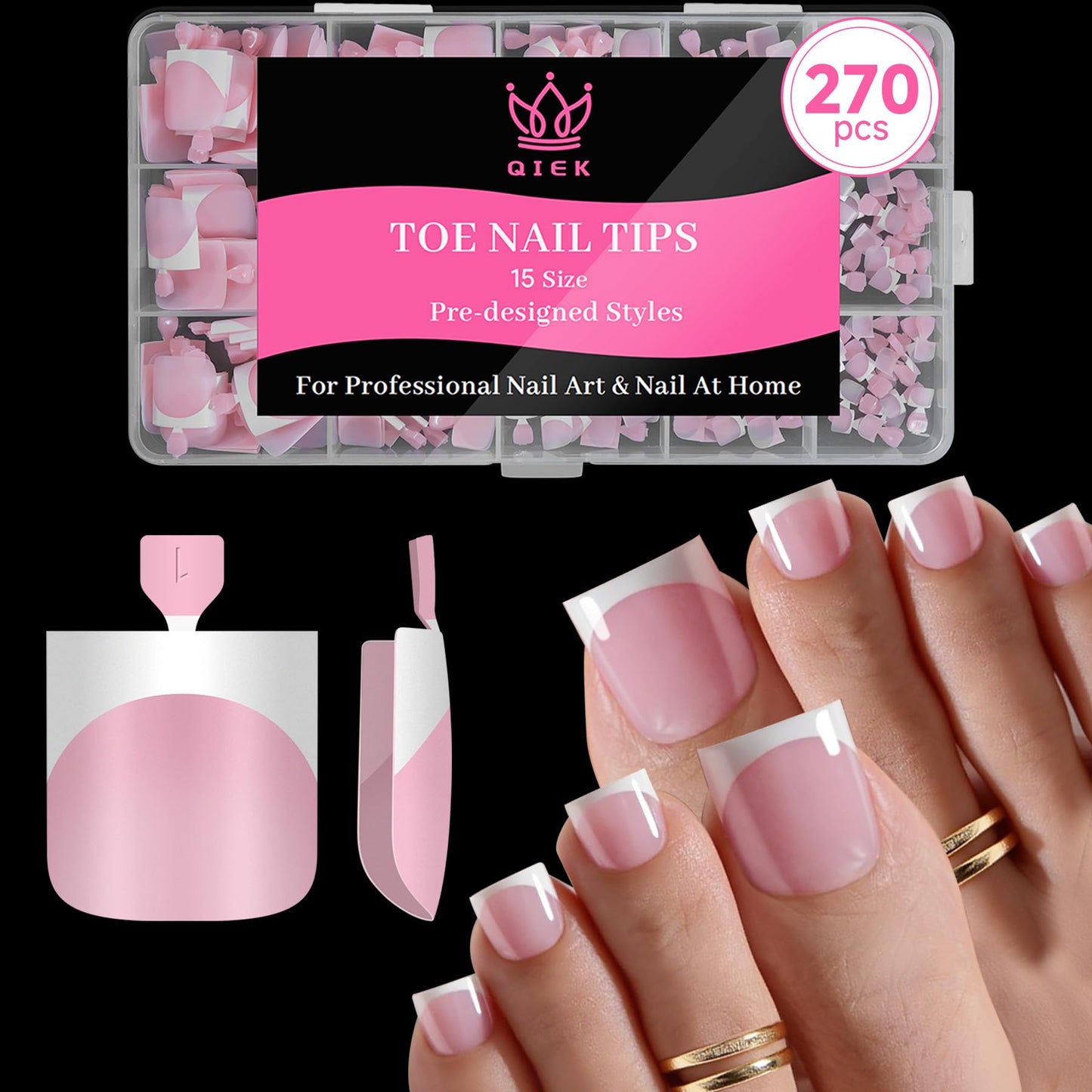 Press On Toenails for Women French Tips, Sharp Square Pre-applied Primer & Base Coat Toe Nail Press Ons Baby Pink Full Cover Fake Tips Extension 15 Sizes 270 Pcs