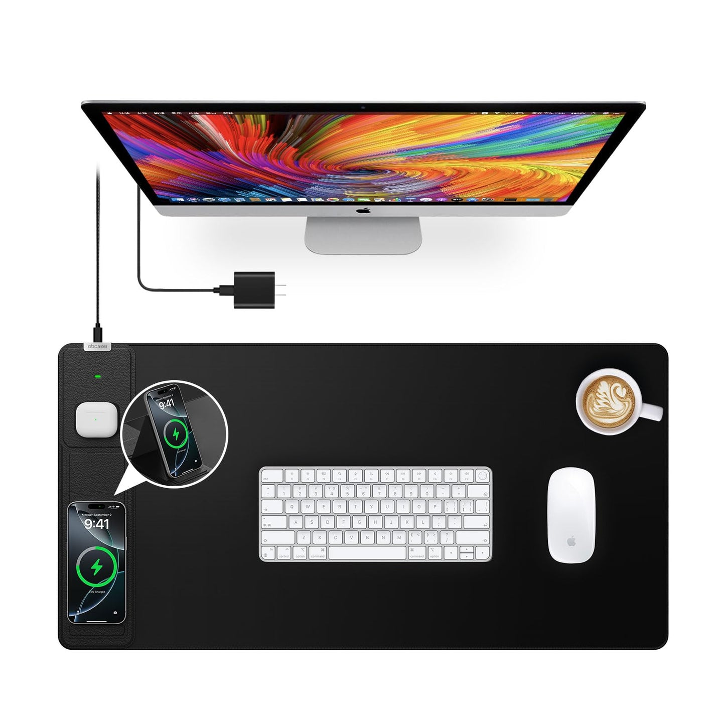 Wireless Charging Mouse Pad with Foldable Phone Holder, 31.5"x15.8" Extended Desk Mat for Laptop/Keyboard, Waterproof Ultra-Smooth Surface, Non-Slip Base & 20W PD Adapter, Black