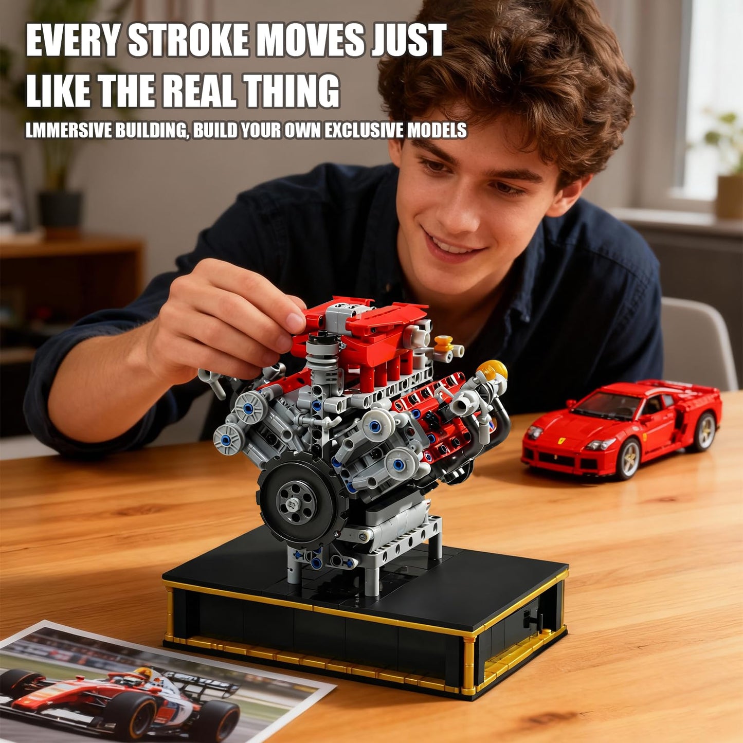 NERCISU V8 Engine Technic Building Blocks Set That Runs Smoothly, Build Your Own 8 Cylinder Visible Dynamic 488 Engine Model Kit with Motor, STEM Educational Gift for Adults & Boys Ages 8+(1123PCS)