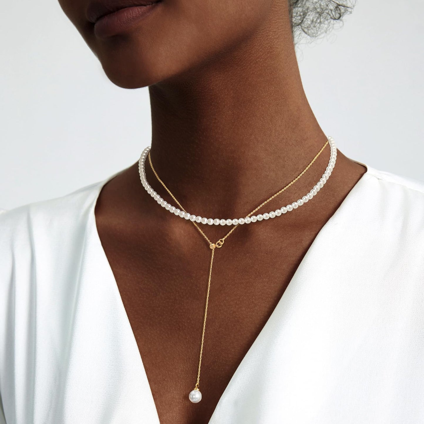 Zeffy Layered Long Pearl Necklaces Dainty Gold Pearl Lariat Necklace Stack Prom Drop Dangle Statement Adjustable Trendy Simple Pearls Choker Y-Shaped Chain Wedding Women's Jewelry Set Gift