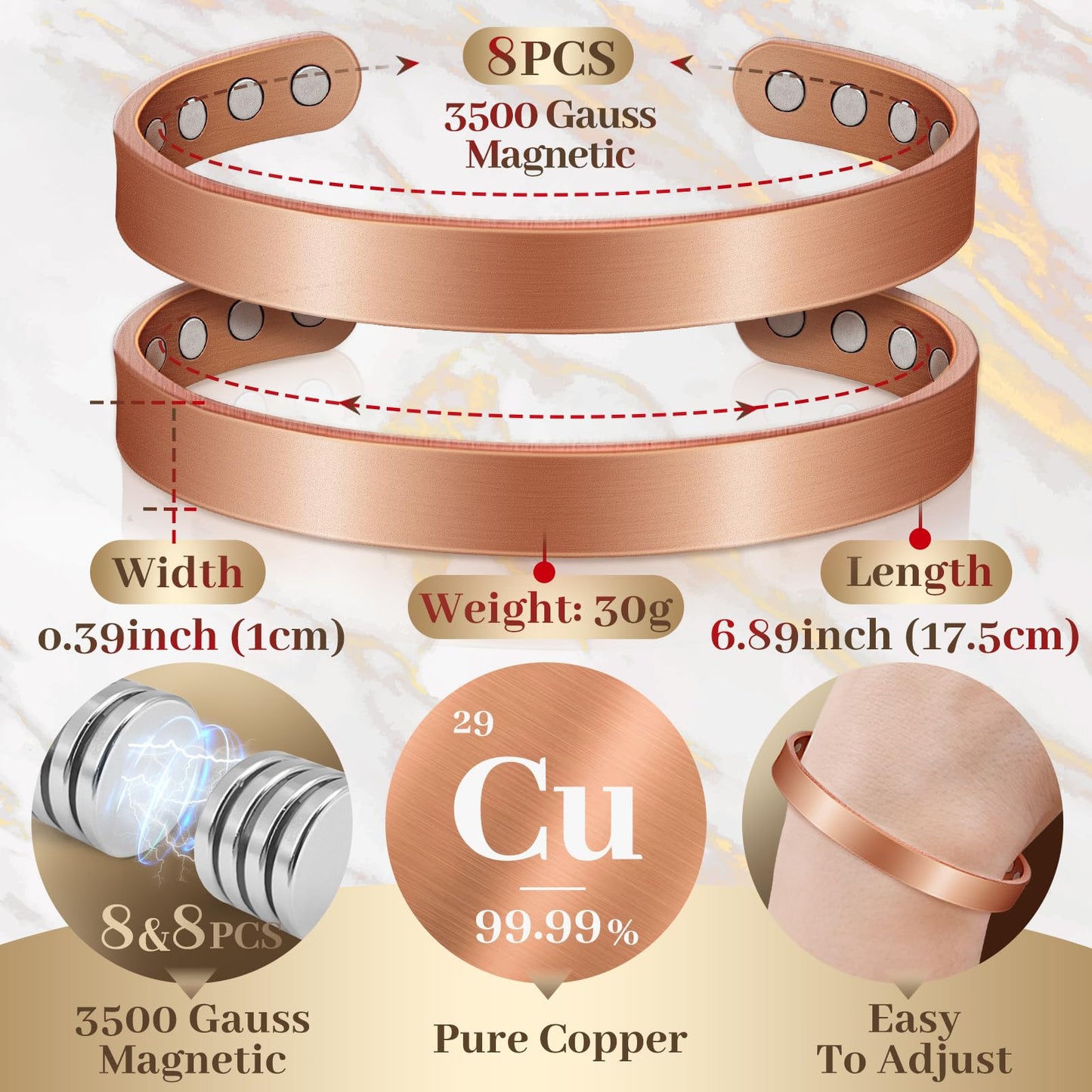 Auramag Copper Bracelets for Women, Magnetic Bracelet for Men with 3500 Gauss Magnets, Adjustable Jewelry with Gift Box(2 PCS)