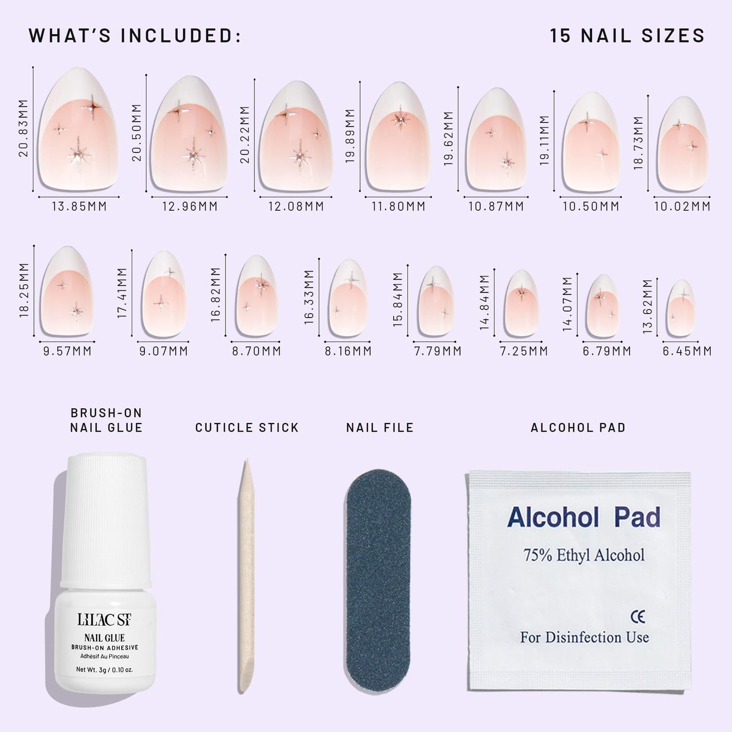 Lilac St - Press On Nails, Seeing Stars (30 Nails, 15 Sizes) - Medium, Almond, Glossy, Opaque - Brush-On Nail Glue, Nail File, Cuticle Stick, Prep Pad - Reusable - Cruelty Free, Vegan, Women Founded