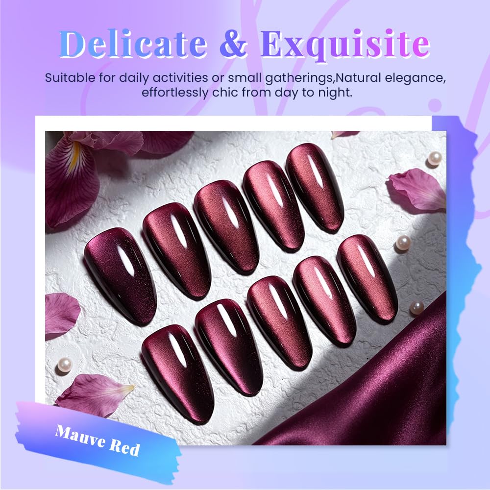 evpct Mauve Red Cat Eye Chrome Press on Nails Almond Medium with Design, Red Holographic Medium Almond Stick on Fake Nails for Women, Glossy Cat Eye Effect, Perfectly Fit Salon-quality Soft False Nail