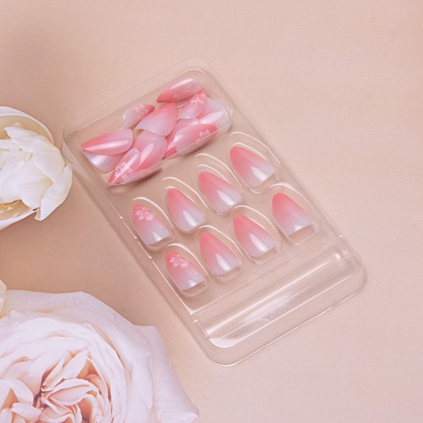 Ombre Press on Nails - Short Almond Pink Flowers Acrylic False Nails Glossy Gradient 24Pcs