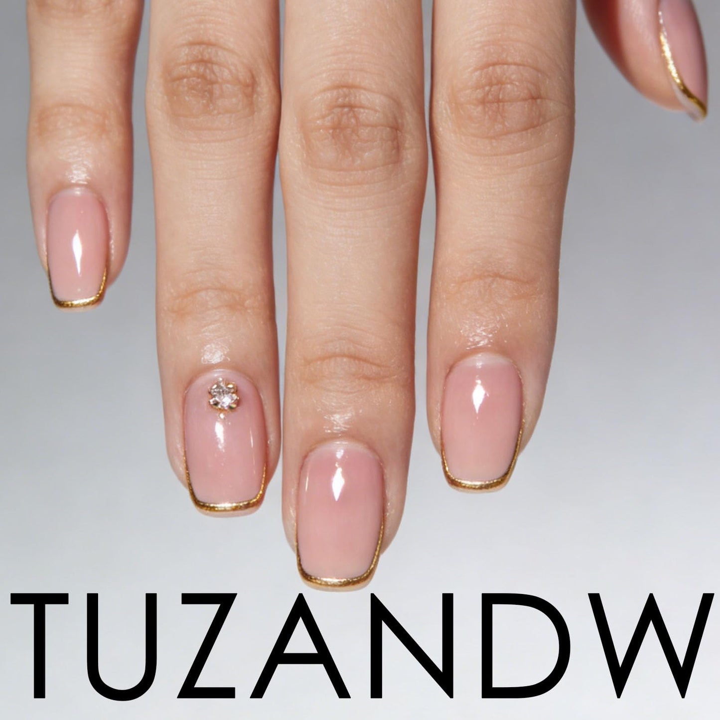 Gradient Press on Nails Short Square Fake Nails with Rhinestones Bead Ombre Designs Pink Nails Press ons White Glue on Nails Glossy False Nails Cute Stick on Nails for Women 24Pcs