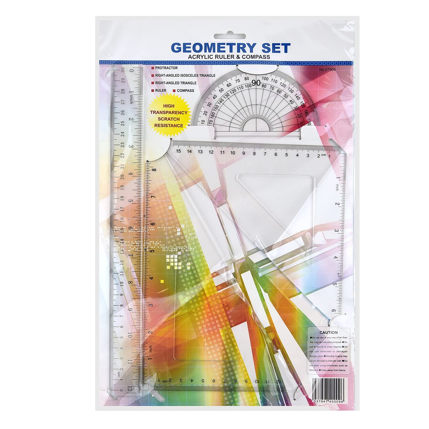 Coopay 12 Inch Math Geometry Tool Plastic Ruler Square Set Includes Straight Ruler, Triangles, Protractor for Student School Office Supplies (Clear)