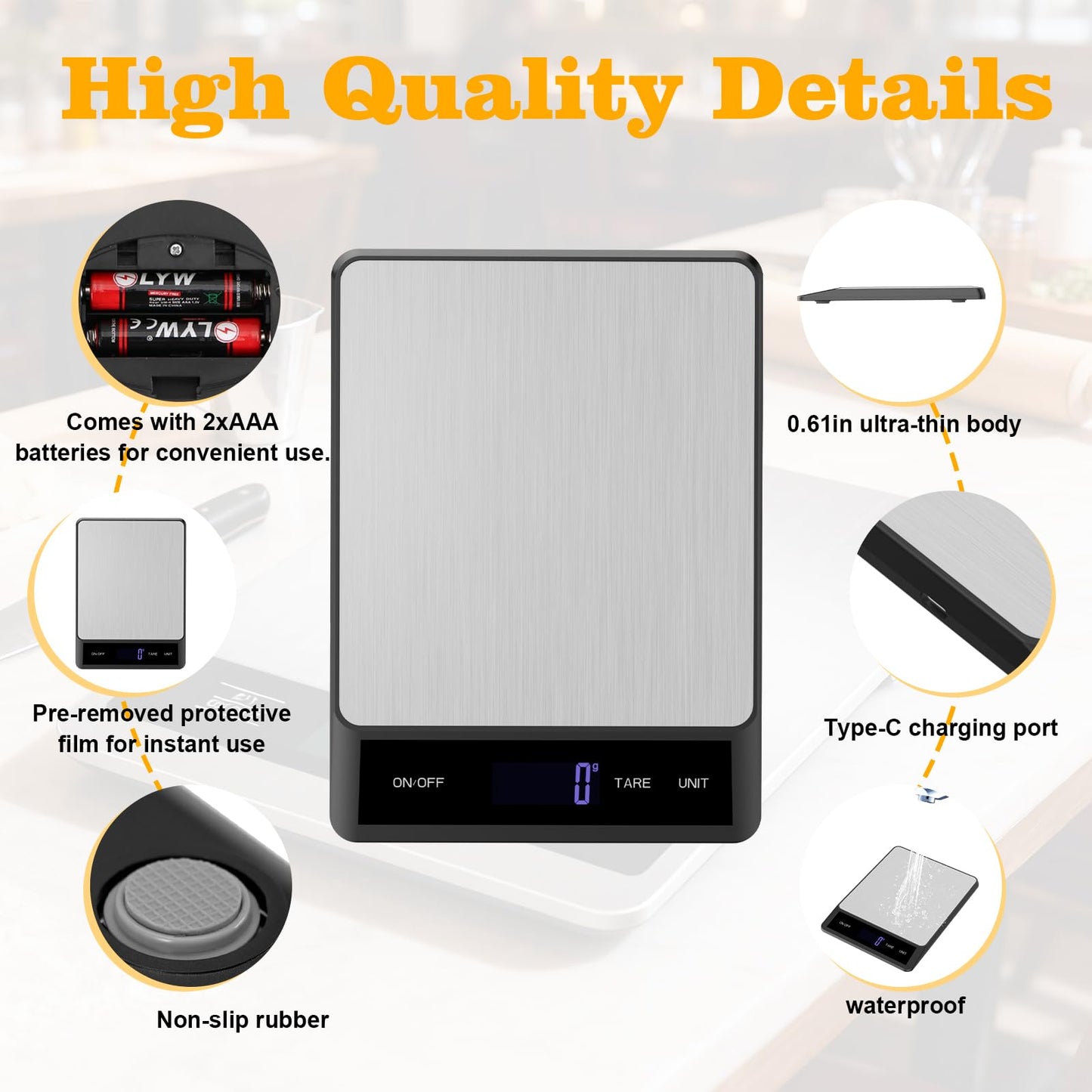 Food Digital Scale 33lb Kitchen Digital Scale Grams and Ounces for Weight Loss Baking Cooking Keto and Meal Prep Backlight LCD Smart Tare USB Rechargeable Waterproof 304 Stainless Steel