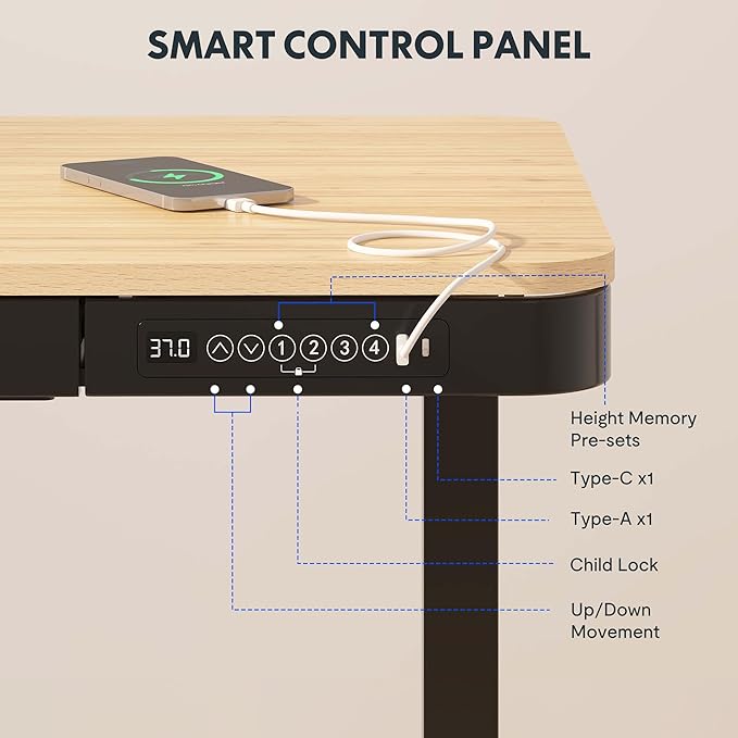 FLEXISPOT Comhar Electric Standing Desk with Drawer Desktop & Adjustable Frame w/USB Charge Ports (Bamboo-Look Laminate/Black, Wood)