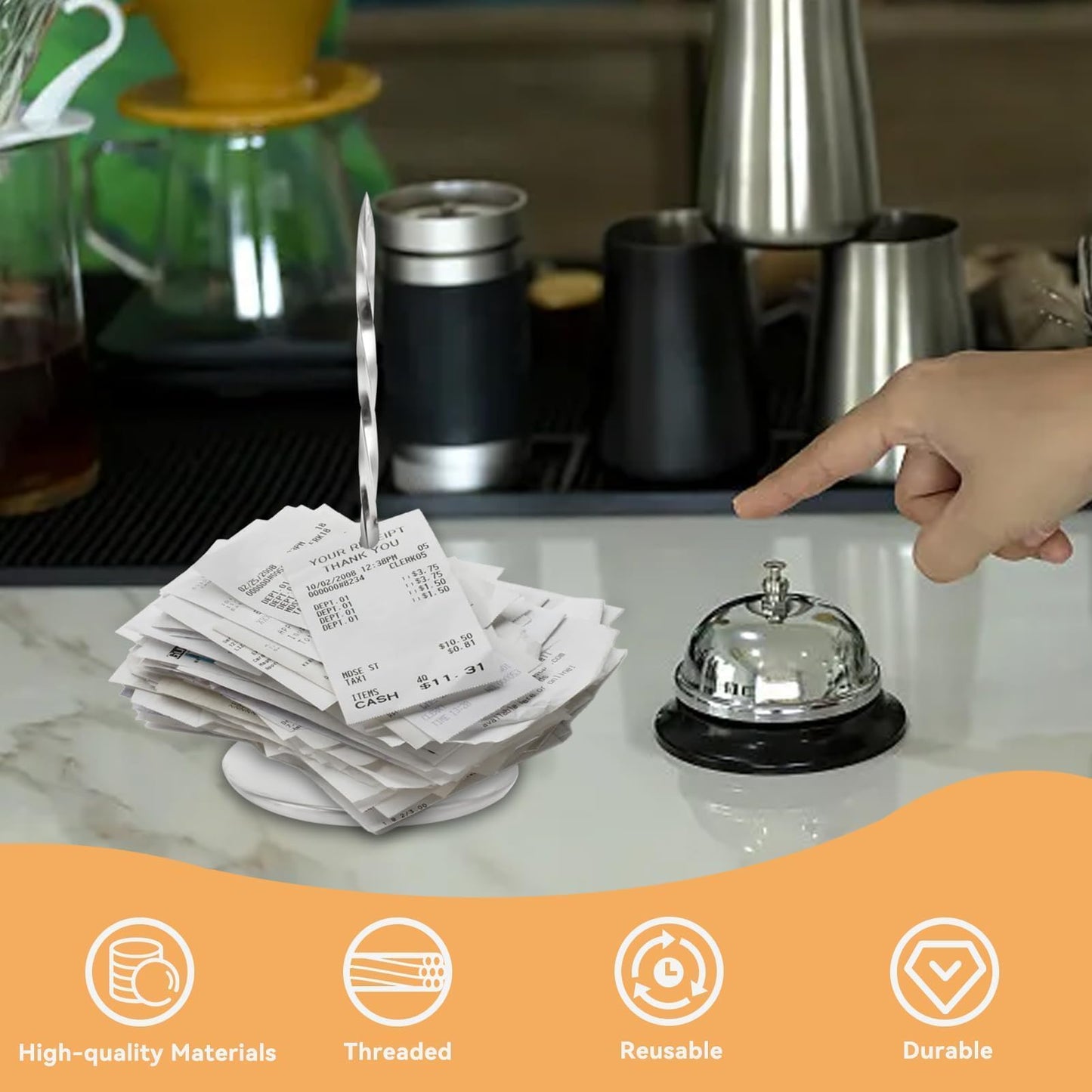 Receipt Spike Holder, Desk Receipt Holder Bill Fork Restaurant Ticket Stabber with Non-Slip Rubber Cover, 80mm Wide Base and Thick Rod for Restaurant Office Desk Memo Check Paper Organizer, Silver