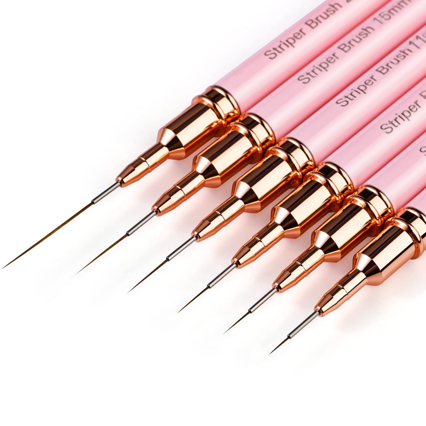 Yasterd Pink Metal Handle Nail Art Brushes, 6pcs Striper Set for Long Lines, Thin Details, Fine Drawing, Delicate Coloring, Elongated Lines, Sizes 5/7/9/11/15/25mm