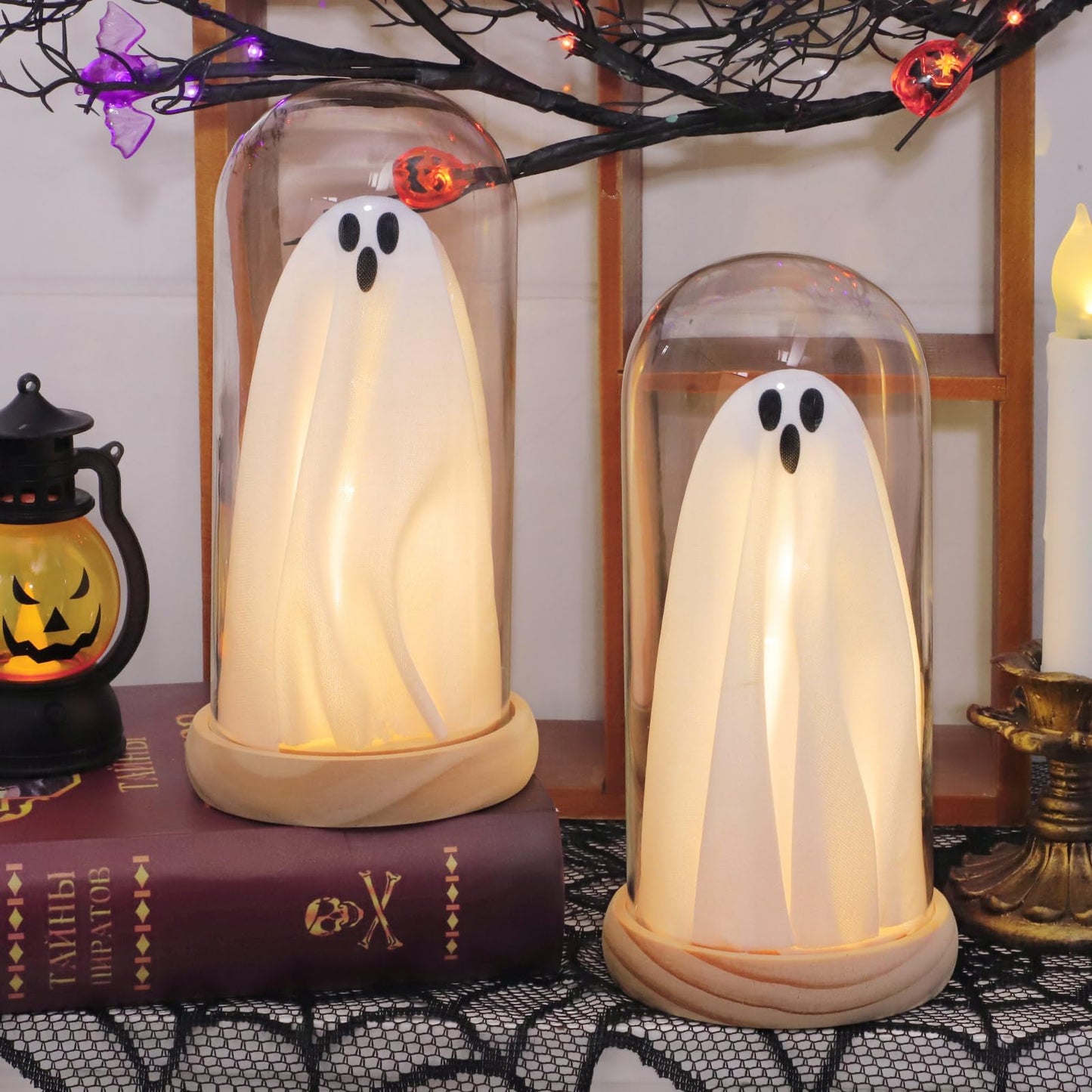Halloween Decorations Indoor, Light Up Ghosts in Glass Domes with Wood Base, Cute Halloween Decor for Table, Fireplace, Bookshelf – Spooky Halloween Decor Kit (2 Pack)