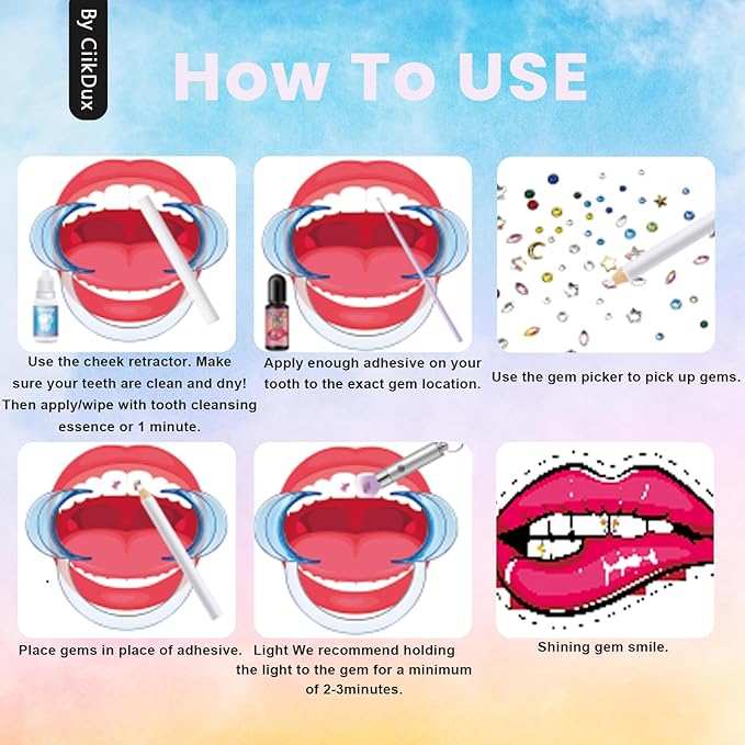 CiikDux DIY Tooth Jewelry Kit - 770 Crystals, 12 Shapes Bedazzle Gems, Teeth Jewelry Starter Set