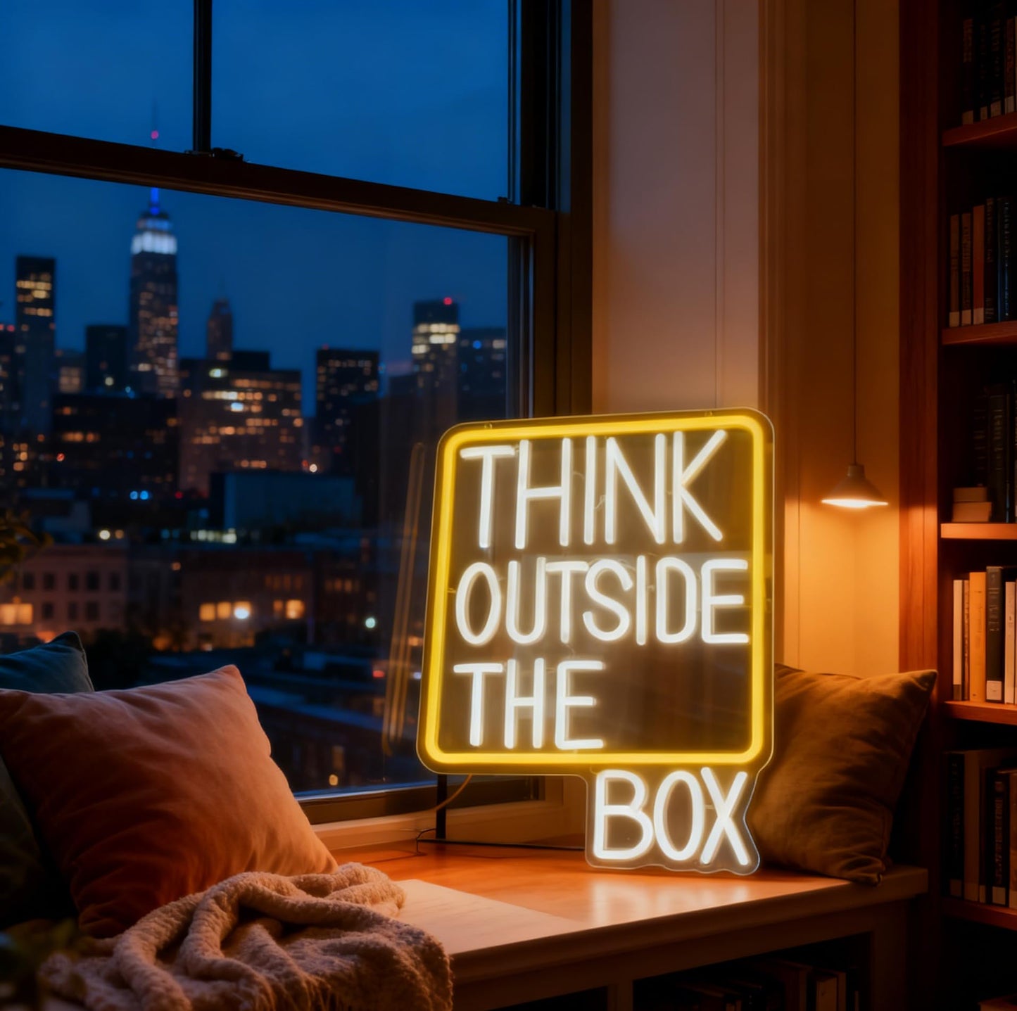 Think Outside The Box Neon Sign, USB Powered Dimmable Decorative Neon Light Home Office Creative Studio Classroom Study Space Decor Gift Wall Table Light Up Sign 16.3 x 11.8 In
