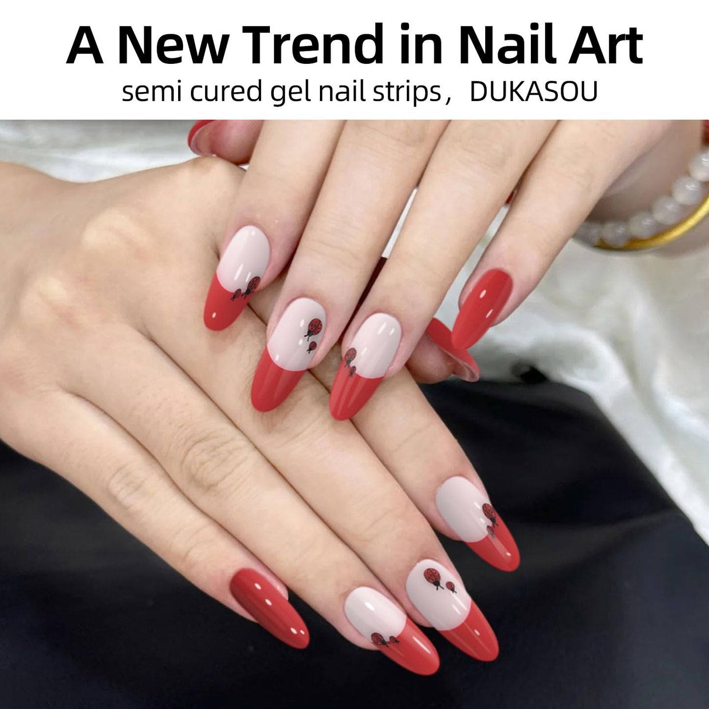 Semi Cured Gel Nail Strips,28 Pcs French Nail Stickers Full Wraps, Polish Stickers Stick On Nails,UV Lamp Cure,Easy to Apply(French red)
