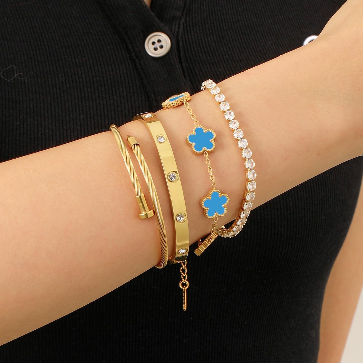 MEIERYA 18K Gold Plated Womens Stackable Floral Bracelets Set,Twisted Cable Bangle,Trendy Jewelry,Waterproof adjustable bracelet,Christmas Birthday Gifts for Girlfriend or Mother. (01-Color-blue)