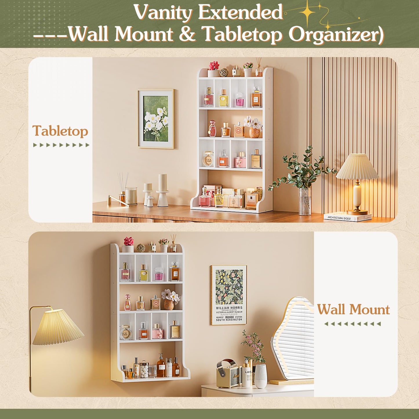 Keebofly Perfume Organizer Wall Mount & Large Cologne Display Case - Wooden Multi-Tier Trinket Shelf for Fragrances, Collectibles, Figures, Miniatures, Cosmetics and Shot Glasses, White