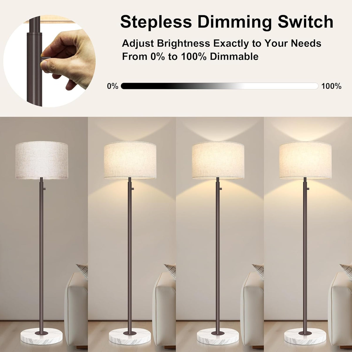 Floor Lamp for Living Room,Dimmable Gold Floor Lamp,Modern Standing Lamp with Marble Base,Tall Standing Lamp for Bedroom, Reading,Office & Kids' Room,LED Bulb Included(Brown)