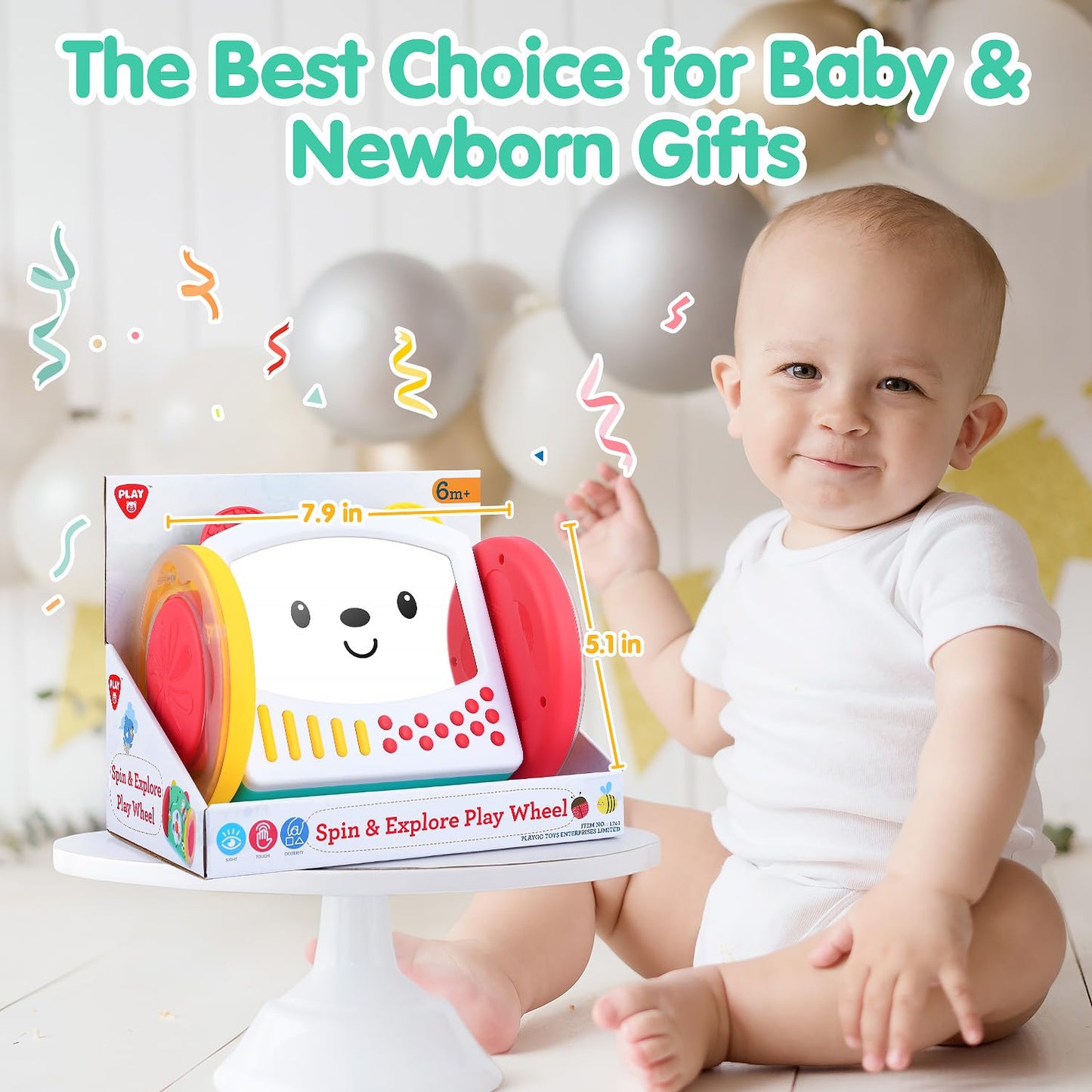 PLAY Tummy Time Toys Rolling Baby Mirror Activity Toy for Newborn 0 3 6 9 12 Months with Teethers Infant Mirror Crawling Montessori Toys for Brain Development Visual Stimulation, Double-Sided