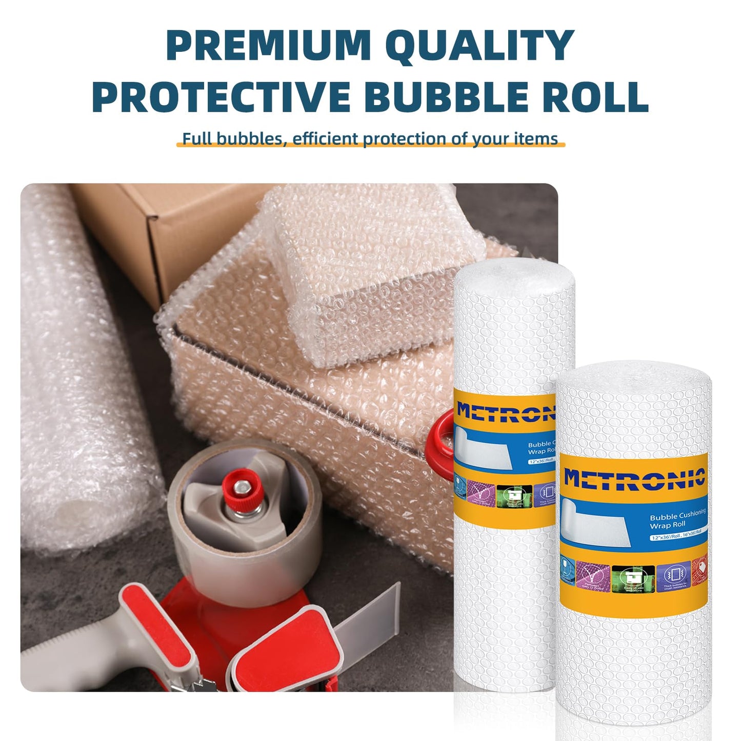 Metronic Bubble Cushioning Wrap 2 Pack 12 Inch x 72ft Total, Dense Bubble Packing Air Wrap Clear Bubble Packing Roll for Shipping and Moving Supplies, Perforated Every 12" (Made in USA)