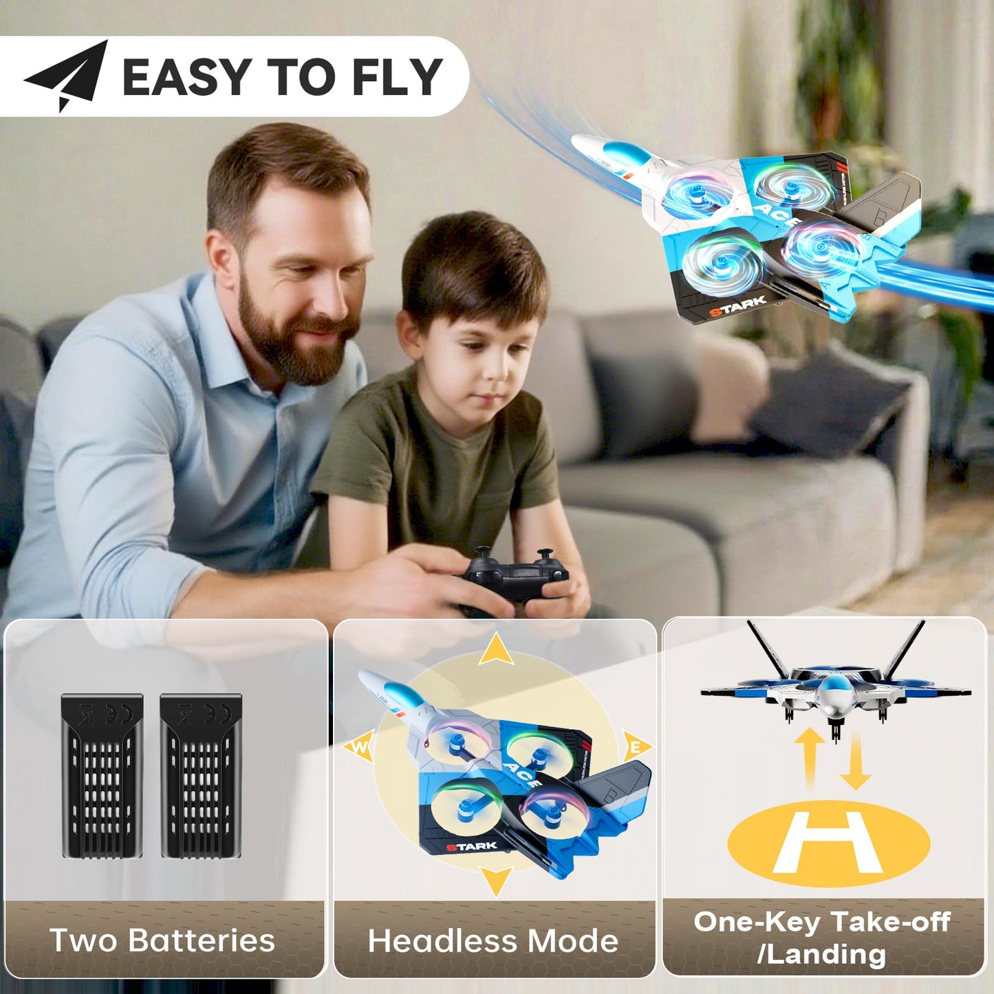 4DRC V39 Foam Remote Control Airplanes RC Planes with Camera,RC Airplane Fighter Jet with Light,Gravity Control, Auto-Follow, Trajectory Flight,One Key Take Off, 2 Batteries,Blue