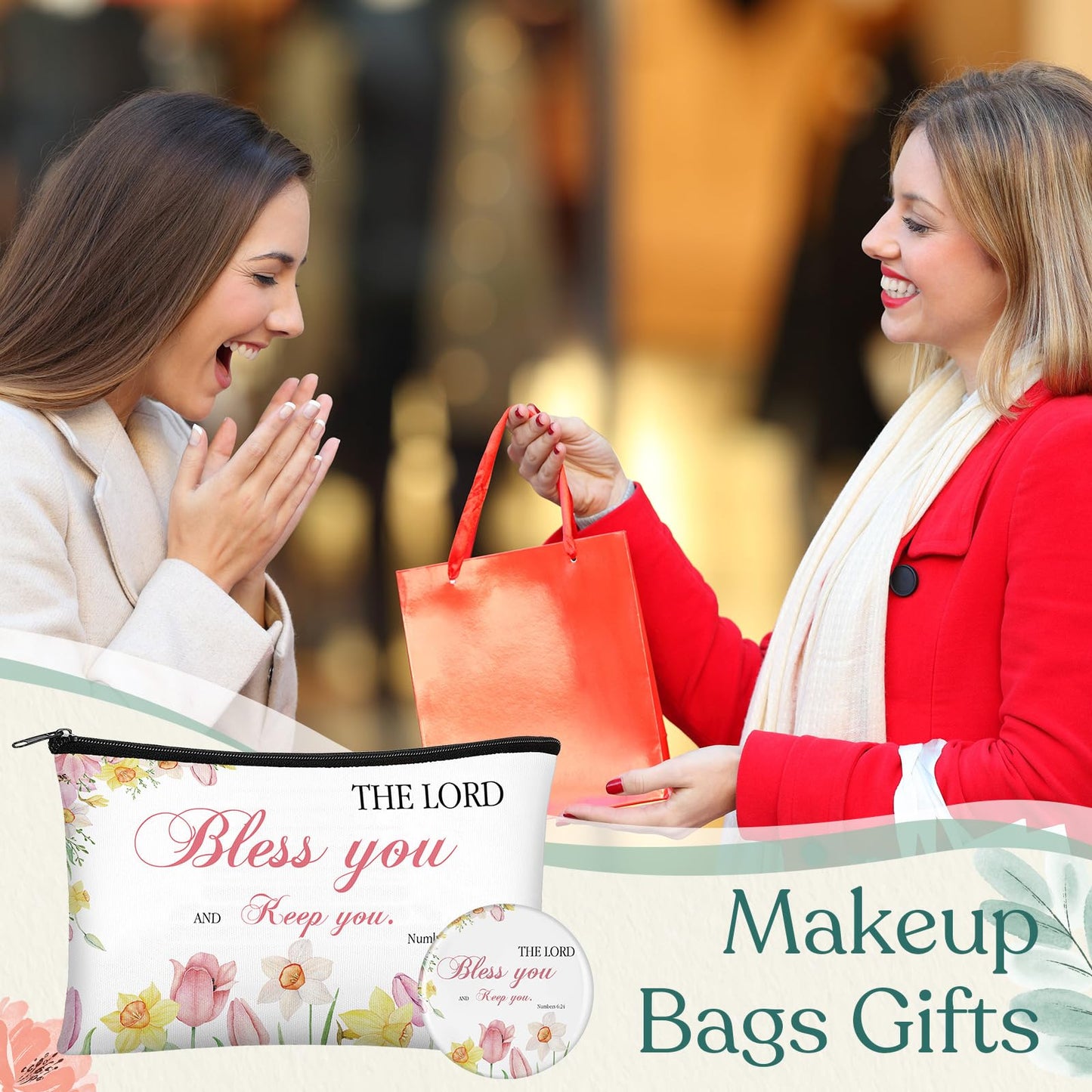Abbylike 40 Pcs Christian Gift for Women Include 20 Bible Verse Makeup Bags 20 Christian Compact Mirrors Inspirational Religious Scripture Gift for Mom Sister Birthday Christmas(Flower Style)