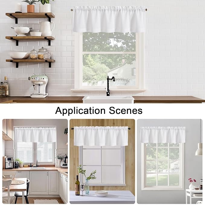 Chyhomenyc White Faux Linen Slub Textured Semi Sheer Small Window Kitchen Valance Curtain, Rod Pocket Cafe Valance for Bathroom Laundry Basement, 30Wx14L inch, 2 Piece