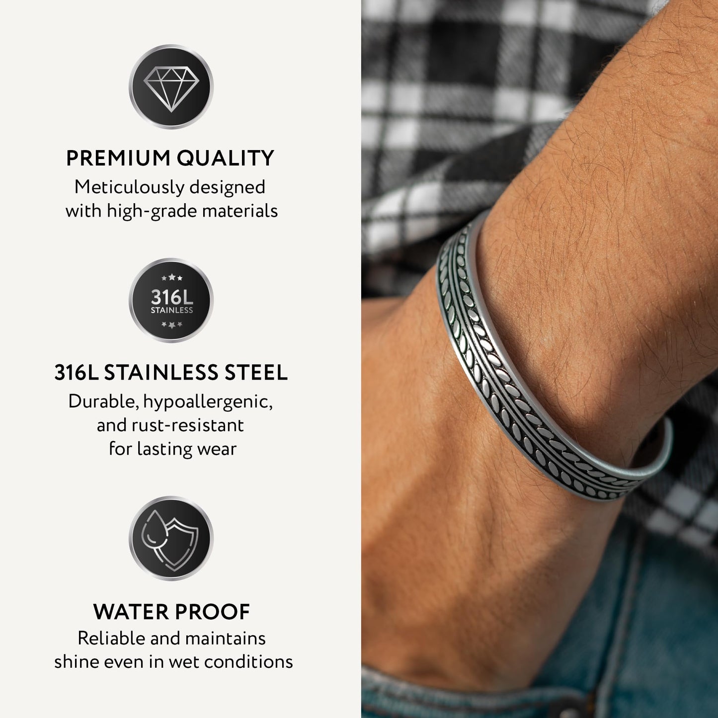 RTZN® Cuff Bracelet for Men – Premium Stainless Steel Mens Bangle Bracelets – Silver Mens Cuff Bracelet – Waterproof & Non-Tarnish Minimal Men Western Bracelet (Native Feather, Large)