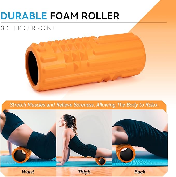 5 in 1 Foam Roller Set, Trigger Point Back Roller, Muscle Roller Stick, Massage Ball, Massage Roller, Resistance Band for Deep Tissue Massage Fitness Exercise Yoga Pilates(Orange)