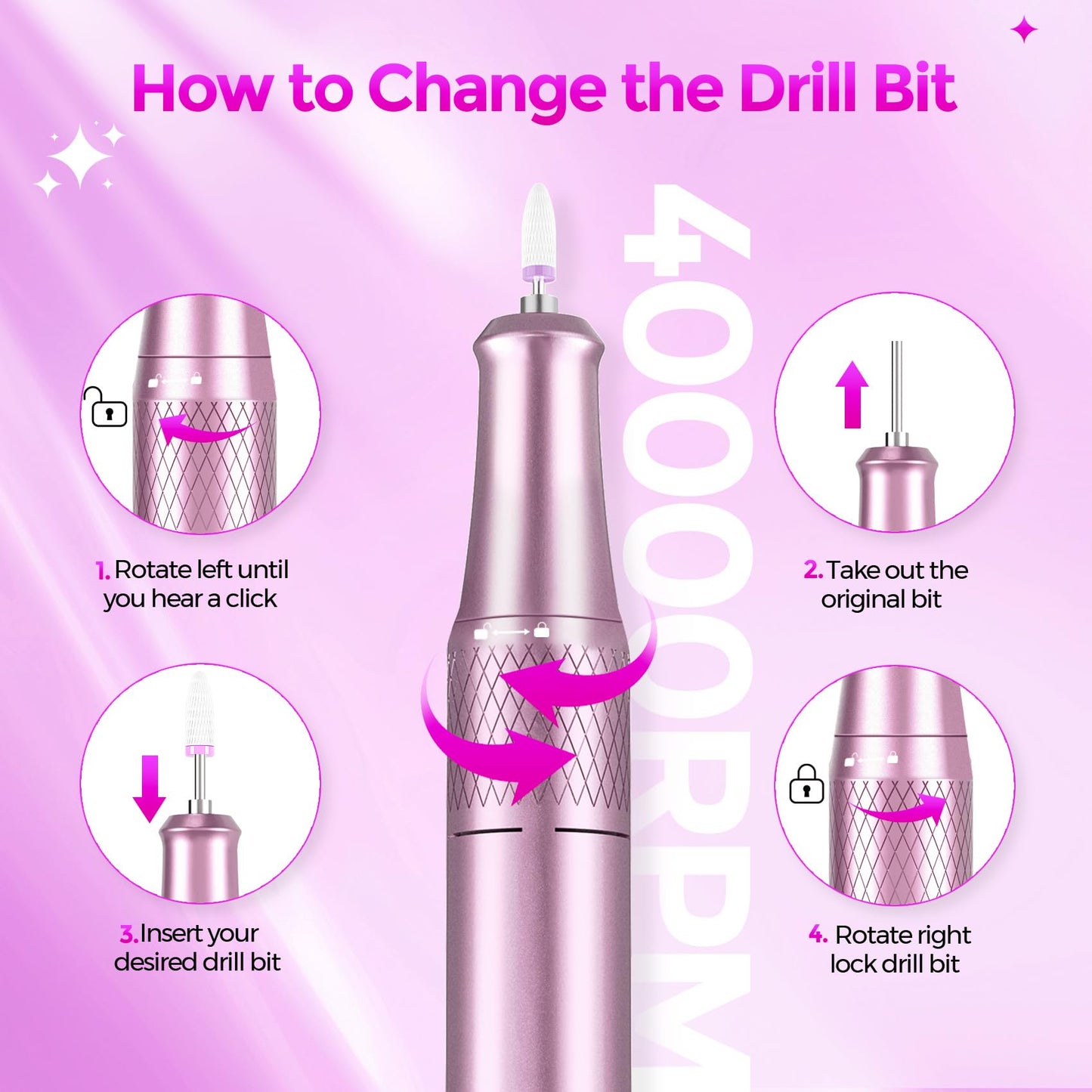 Nail Drill Electric File: DEDNMSCA Sparkly Professional Nail Drill Kit, 40000RPM E-File Machine with 12 Drill Bit for Acrylic Nail Remove Nail Gel Polish Manicure for Salon Home, Colorful Diamond Lamp
