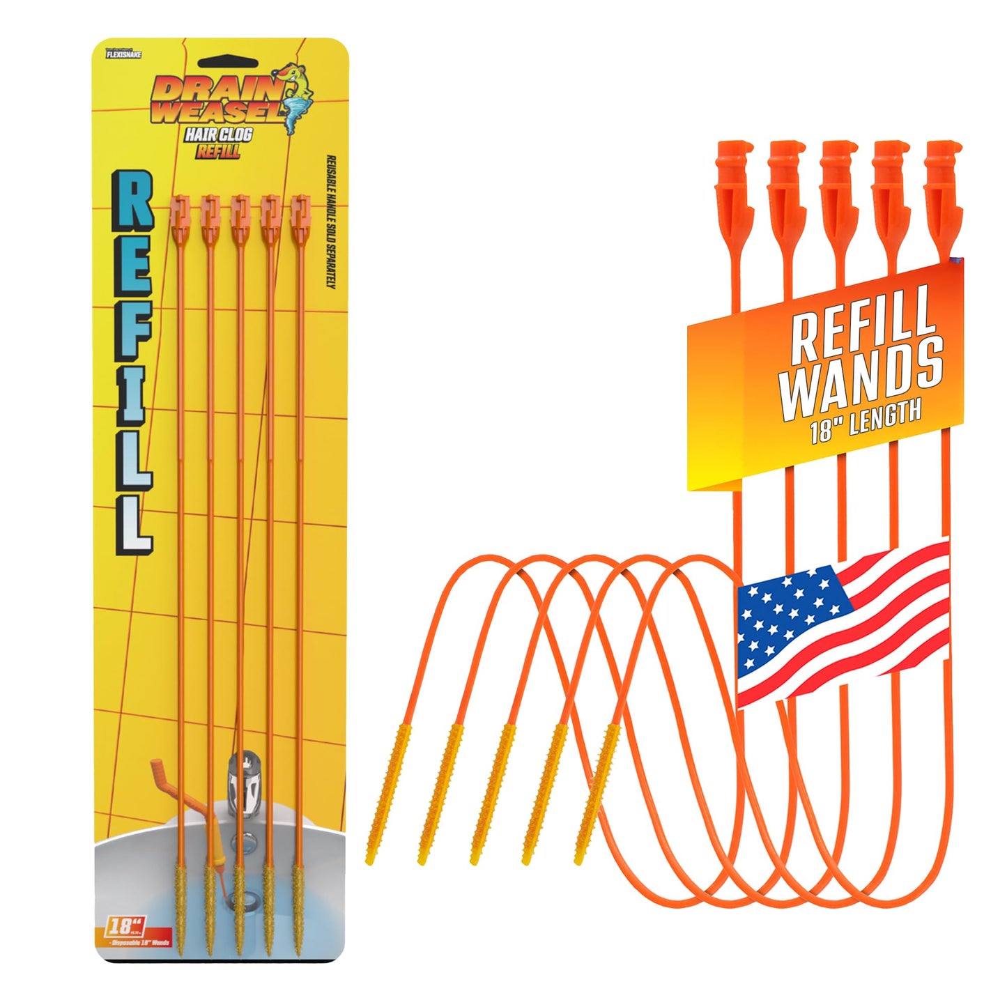 FlexiSnake Drain Weasel Refill - Sink Snake Hair Clog Remover Tool, Sink, Pipe, Bathroom, Bathtub Drain Cleaner, 18-inch Long Flexible Disposable Wands, Made in The USA, 5 Pack