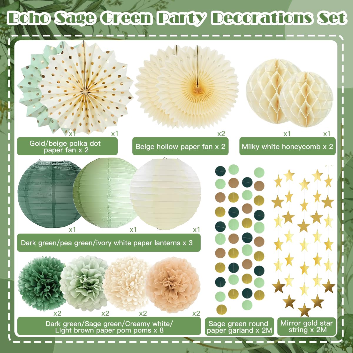 Boho Paper Decorations Set, Sage Green Party Decorations Set, Boho Neutral Baby Shower Decor, Paper Pom Poms Lanterns Honeycomb Balls Hanging Star Garland for Birthday Baby Shower Wedding Tea Party