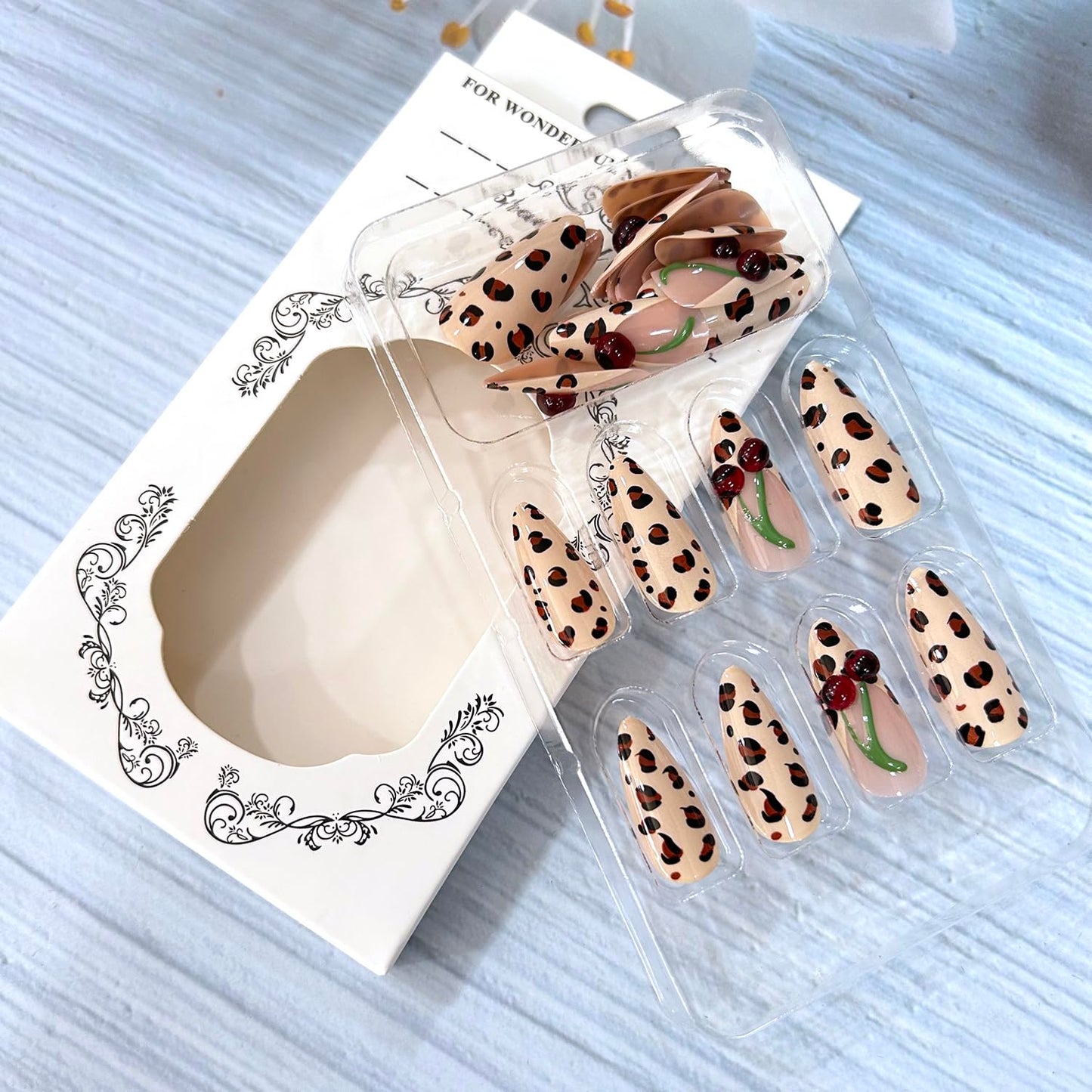CJDLTS Leopard Almond French Tip Press on Nails Long Length 3D Cherry Fruit Design Full Cover Artificial False Nail Press Ons Fingernails Acrylic Nail Reusable Glue on Nails for Women 24Pcs