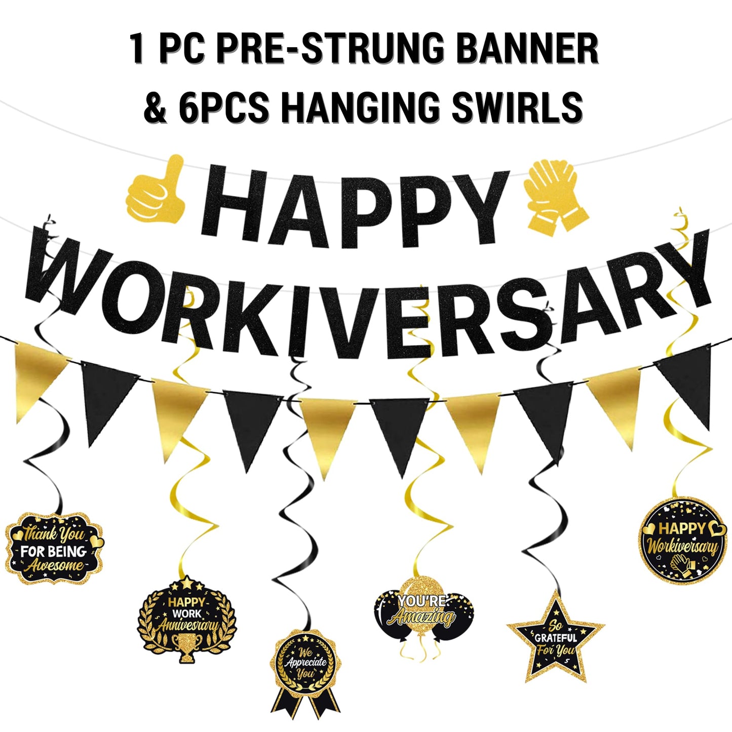 Roetyce Work Anniversary Party Decorations, Black Gold Happy Workiversary Banner Cake Topper Balloons Hanging Swirls, Work Anniversary Backdrop Background for Employee Coworker Office Party Supplies