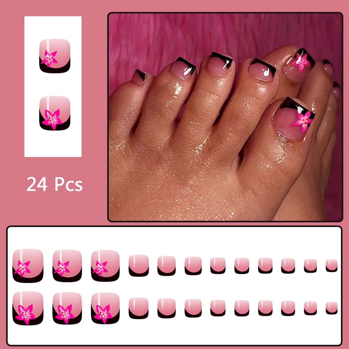 Black French Tip Press on Toenails Short Square Fake Toe Nails with Pink Flower Design Acrylic Toe Nail Press ons Glossy Summer False Toenails Stick on Toe Nails for Coquette Women 24Pcs