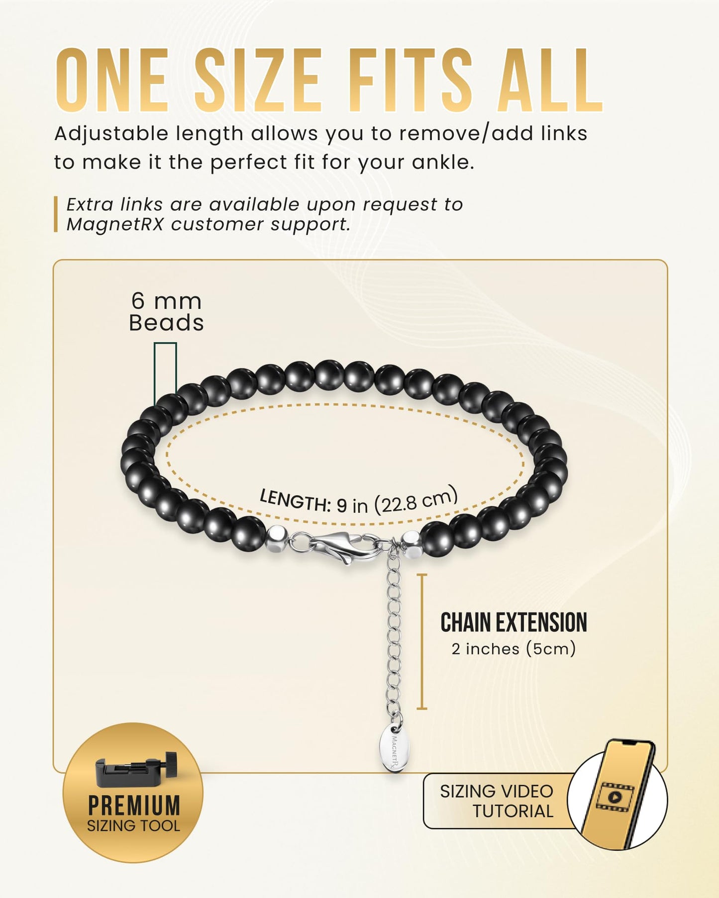 MagnetRX Hematite Magnetic Anklet Ultra Strength Hematite Stones Elegant Black Beaded Anklets for Women and Men (6mm Round Beads)
