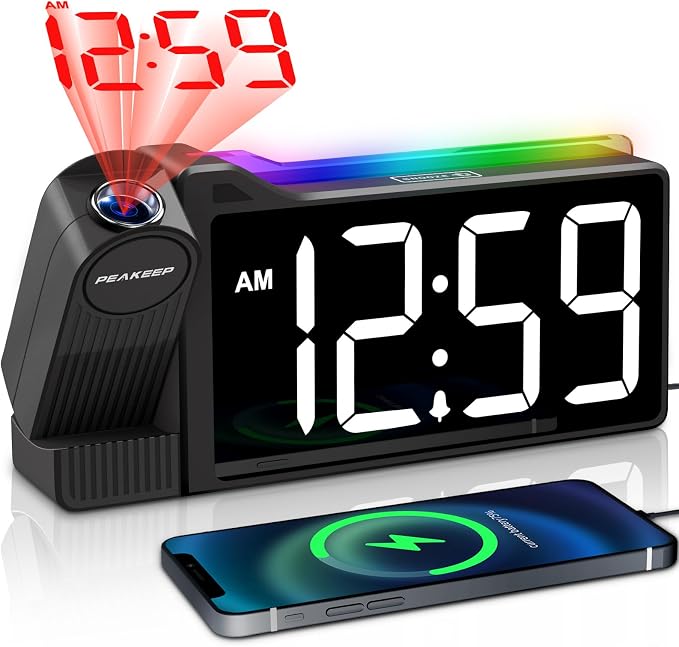 Peakeep Projection Alarm Clock for Bedroom Ceiling with Colorful Nightlight
