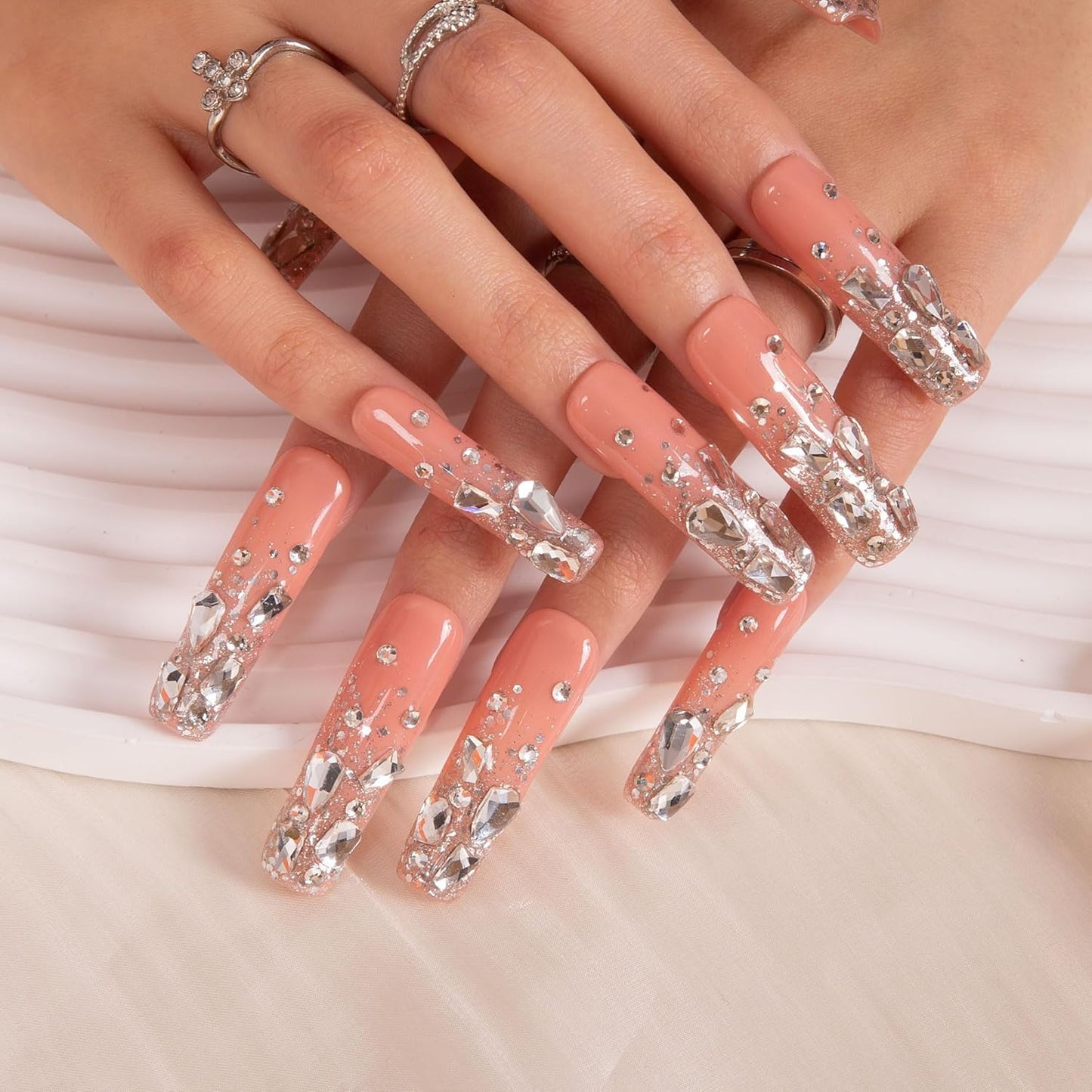 LOVFUL Reusable Press on Nails | Silver Wind | Salon Quality Sustainable Style Handmade with Full Covered Crystals | Square Mid length 1.7 in | H126-L
