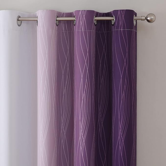 Estelar Textiler Purple and Greyish White Blackout Curtains 45 Inch Length, Light Blocking Gradient Drapes for Kitchen, Thermal Insulated Grommet Ombre Curtains for Bathroom,52Wx45L,2 Panels