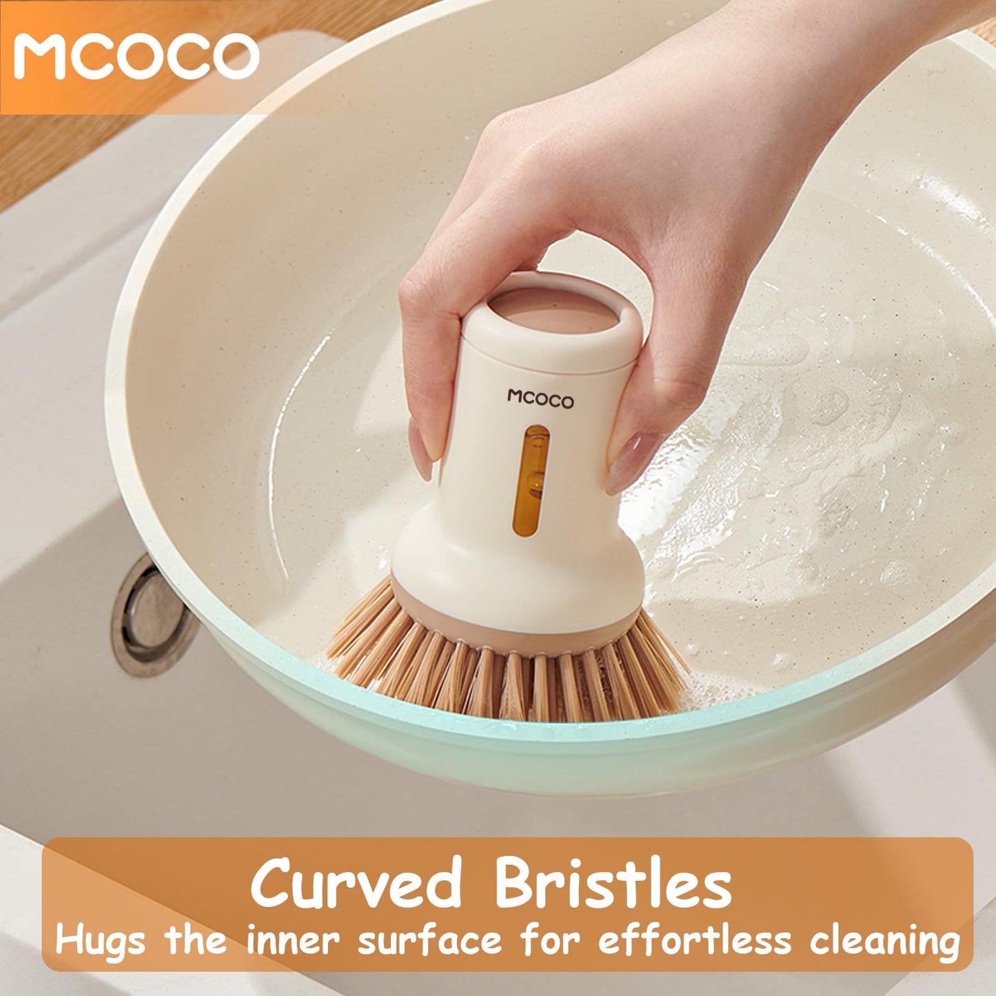 MCOCO Dish Brush Set with Soap Dispensing Palm Brush Dish Scrub Brush with Soap Dispenser Palm Dish Brush Kitchen Cleaning Brush with Ergonomic Long Handle for Cleaning Sink, Pot, Pan, Stove, Yellow