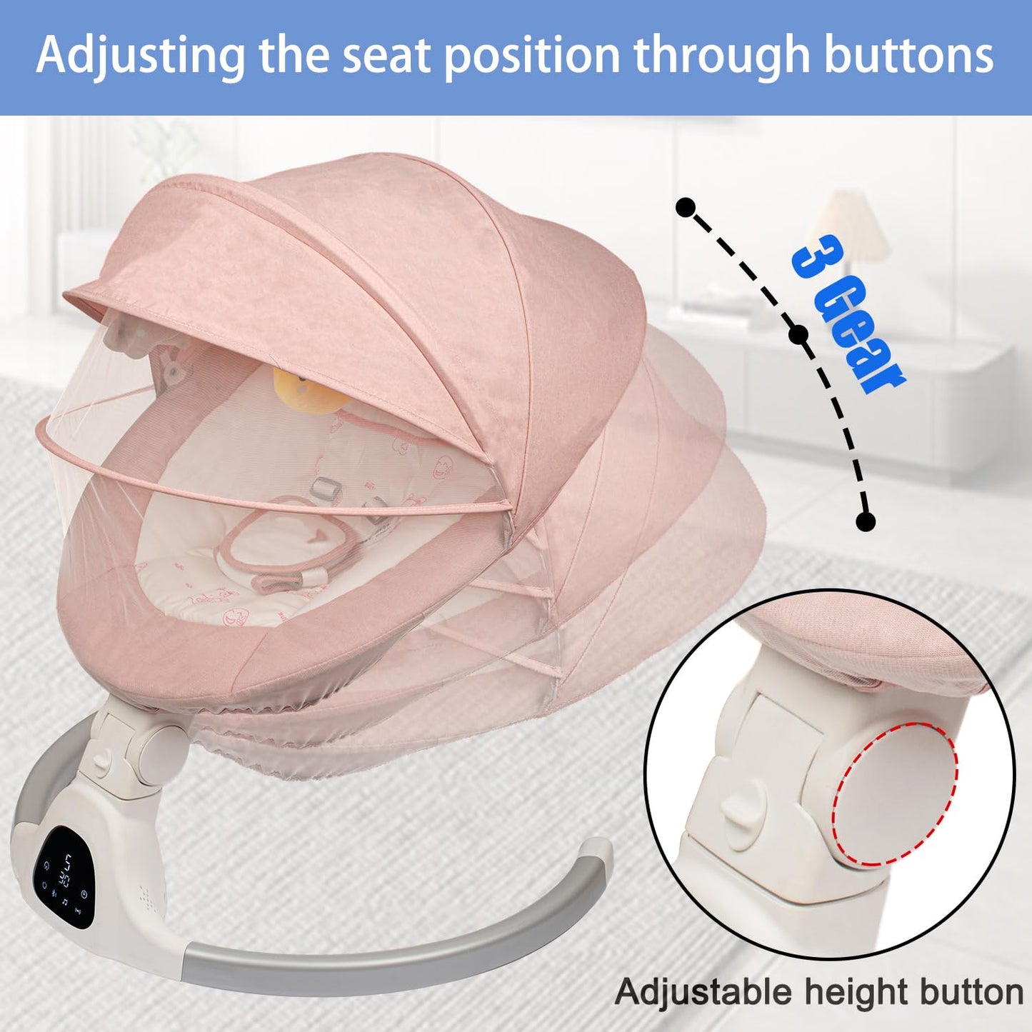 Baby Swing for Infants to Toddler Portable Babies Swing Timing Function 5 Swing Speeds Bluetooth Touch Screen Music Speaker with 10 Preset Lullabies 5-Point Carabiner (Pink)