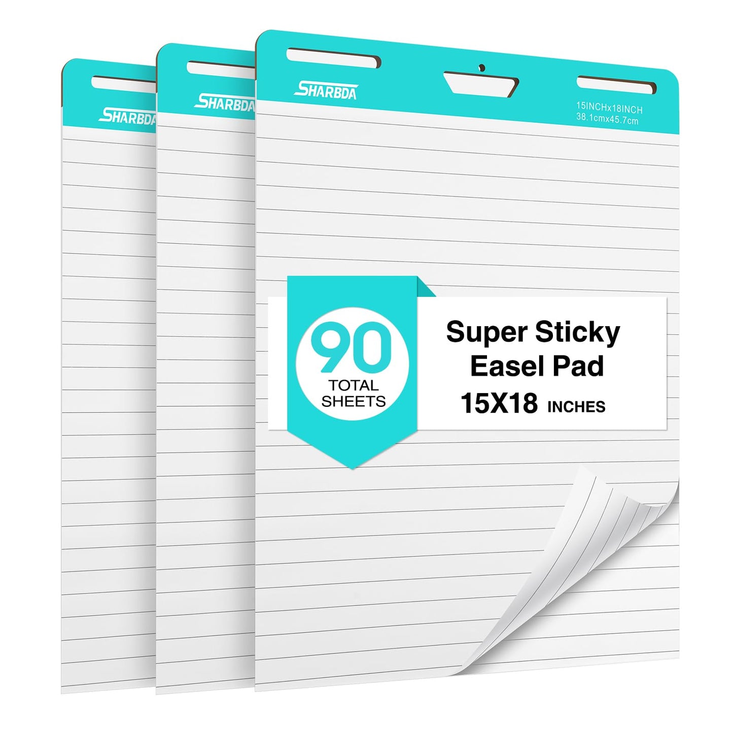 SHARBDA Lined Sticky Easel Pad, 15 * 18 inch,Self-Stick Flip Chart Paper, Super Adhesive & Bleed-Resistant,Micro-Perforated Tear,Classroom Teacher Office Presentation Pads,3 Pads/Pack,90Sheets