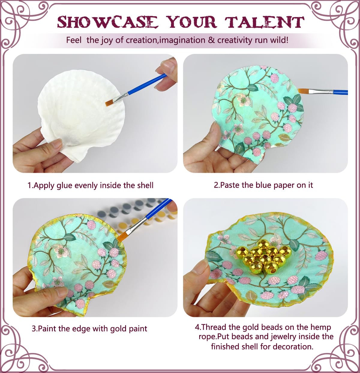 10PCS Large Scallop Shells for Crafts 4"-5" Natural White Shells with Rope,20PCS Decoupage Paper Napkins,Brushes,Gold & Silver Paint,Gold Bead & Pearl for Beach Seashells DIY Hanging Home Party Decor