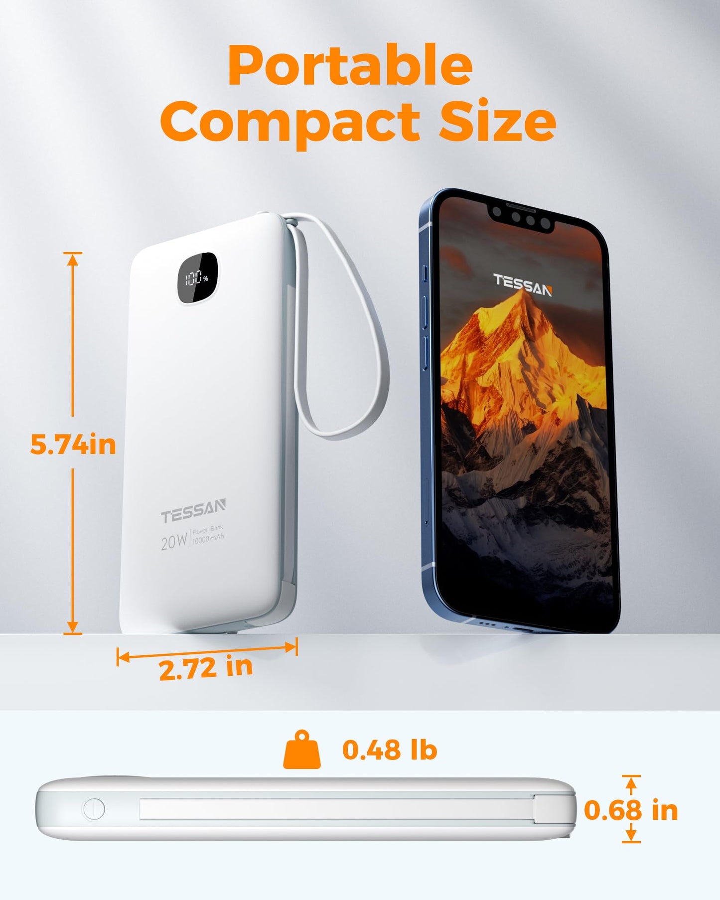 Portable Charger with Built in Cables,TESSAN 10000mAh Power Bank Fast Charging with Foldable Wall Plug Charger, PD20W Compact Battery Pack Travel Essentials for iPhone 17/16/15 Series,Samsung,Tablets